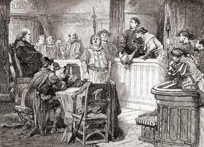 Una escena de la obra de William Shakespeare Medida por Medida, Acto II, Escena 1, Pompeyo Bum: ¿Ve su honor algún daño en su rostro?, de Las Obras de William Shakespeare, publicado 1896 de Gordon Frederick Browne